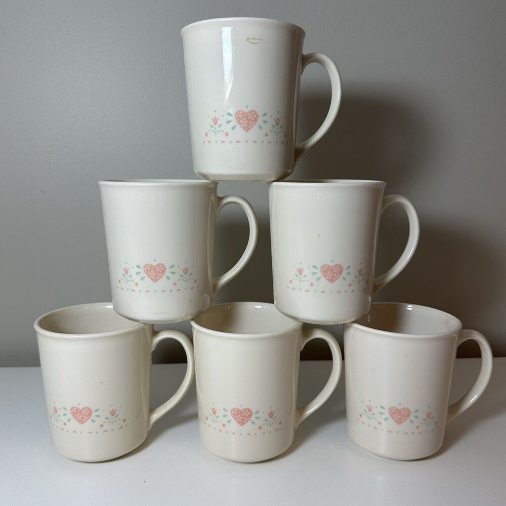 6 pc. Lot Corning Corelle Forever Yours Vintage Coffee Tea Cups Set Hearts